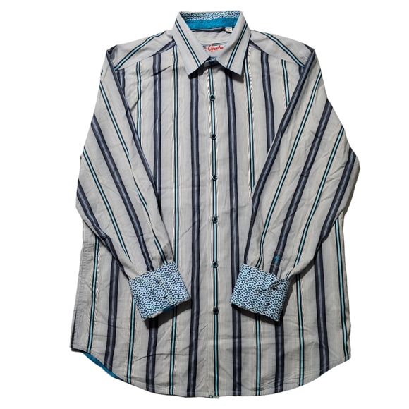 Robert Graham Shirt Mens Large Gray Blue Stripes Long Sleeve Button Up Flip Cuff - Picture 2 of 9
